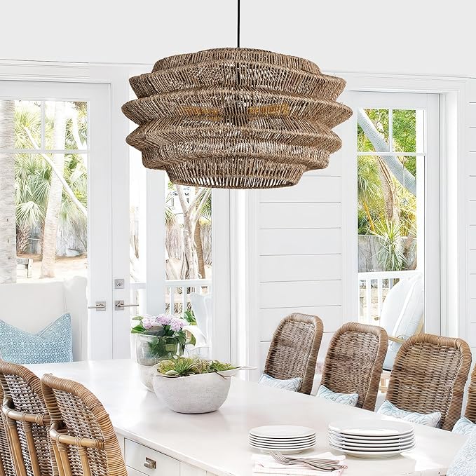 19.7" Rattan Pendant Light,Hand-Woven Rustic Wicker Hanging Light Seagrass Ceiling Chandelier,Water Plants Rattan Chandelier for Dining Living Bedroom Kitchen Farmhouse
