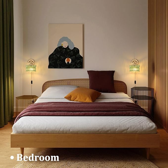 Plug in Wall Sconce Set of 2, Gold Vintage Wall Decor Lights with Green Ripple Glass Shade, Indoor Brass Corded Wall Lamp Fixture for Bedroom Living Room Bathroom Hallway
