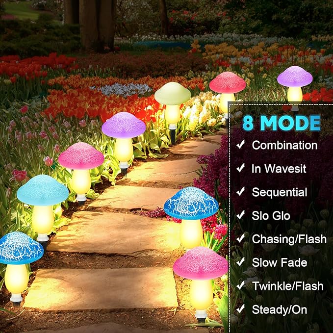 Reginary 12 Pcs Outdoor Lamp Solar Mushroom Light up Garden Mushroom Lights 8 Modes Waterproof Lamp Outside Decor for Holiday Yard Patio Pathway Lawn Ornament(Multicolored,Crack)