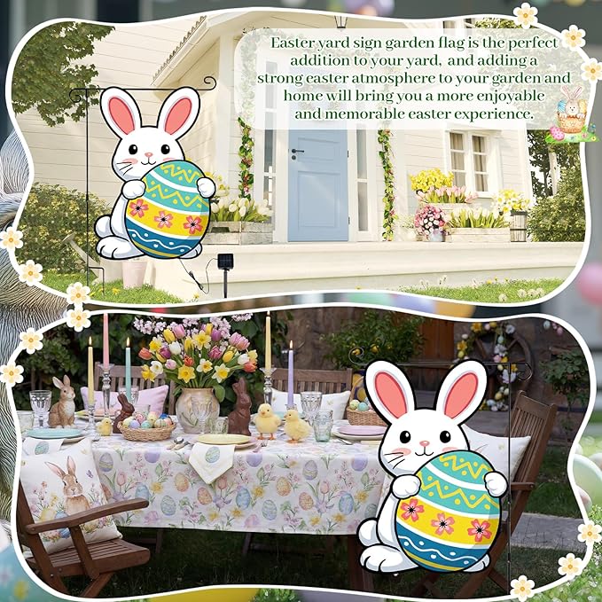 VIHOSE Easter Garden Flag for Outside, 12 x 18 Inch Solar Easter Garden Flag, 8 Modes LED Rabbit Yard Flags Lighted Egg Double Sided Outdoor Banner for Courtyard Lawn Decoration