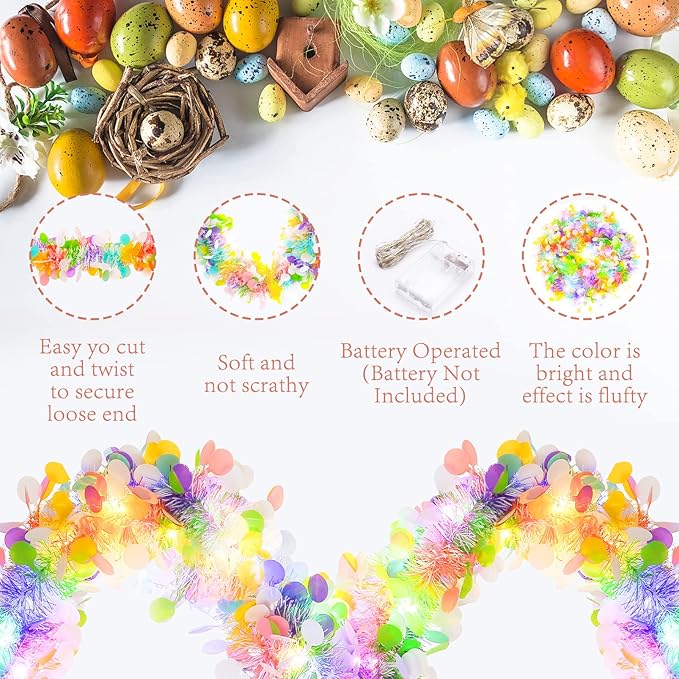 33FT Easter Tinsel Garland with LED Lights Prelit Easter Egg Metallic Twist Tinsel Garland Battery Operted Lighted Colorful Foil Hanging Garland for Tree Stairs Mantle Decoration Party Supply