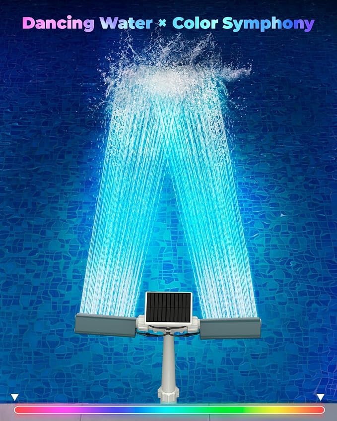 Solar Pool Fountain with 8-Color 6-Mode RGBIC LED Lights, Above/Inground Solar Lights with Remote, 360°Adjustable Dual Spray Waterfall Sprinkler Fountain for Relaxation & Cooling 10-20°F