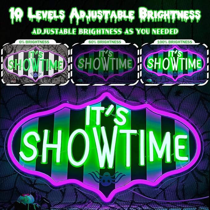 Ajoyferris It's Showtime Neon Sign Dimmable Neon Halloween Sign Showtime Led Sign Horror Movie Neon Lights Striped Gothic Light Up Sign for Halloween Party Decor