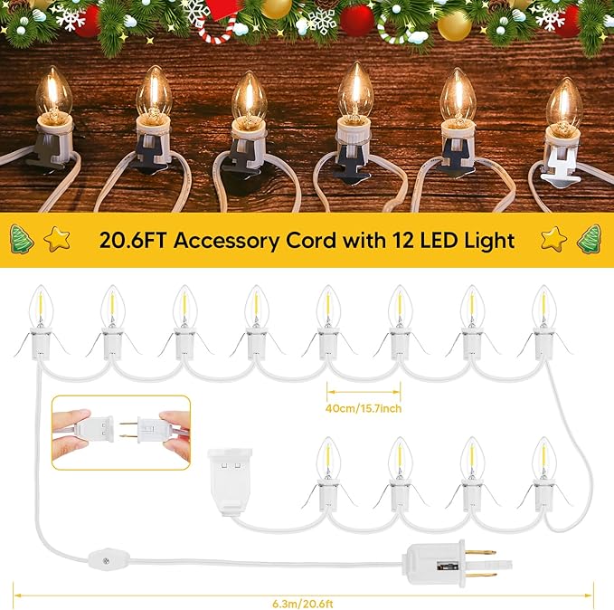 1Pack Accessory Cord with 12 LED Light Bulbs and Outlet - 20.6FT White Cord, Warm White C7 Lamp for Halloween and Christmas Village Accessories