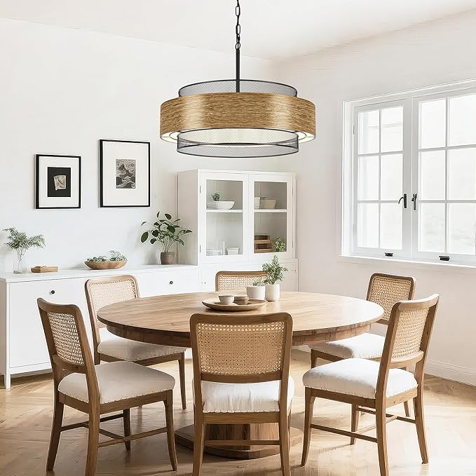 23.6 inch Farmhouse Chandeliers for Dining Room, 6-Light Rustic Large Black Drum Chandelier Metal Imitation Wood Round Hanging Lighting for Entryway Kitchen Island Foyer Bedroom Living Room