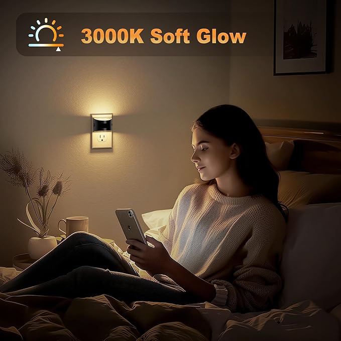 JandCase Motion Sensor Night Light, Night Lights Plug into Wall, Dusk to Dawn Sensor Nightlight with Motion Activated, 30/60/100lm Brightness Dimmable, 3000K Warm White[4 Pack]