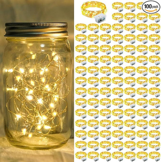 100 Pack Fairy Lights 7Ft 20 LED Twinkle String Lights 3 Modes Battery Operated Waterproof Firefly Starry for Mason Jar Party Wedding Christmas Thanksgiving Day Table Centerpieces,Yellow