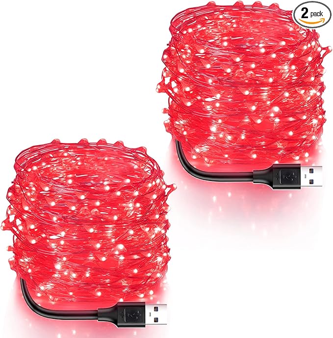 Blingstar USB Powered Fairy Lights, 2 Pack 33Ft 100 LED, Flexible Silver Wire, Mini String Lights for Halloween/Christmas Tree/Party/Stage/Holiday Indoor Decoration, Red