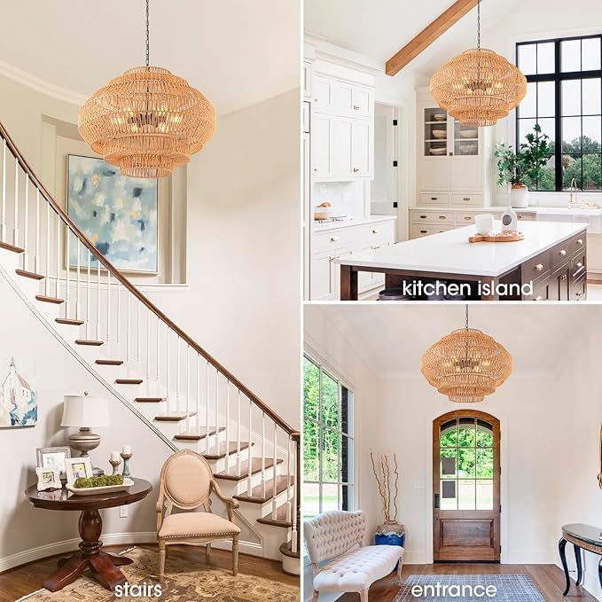 Large Rattan Chandelier Boho Pendant Light Fixture Dinning Room Chandelier Boho Hanging Light 31.5IN Basket Light Woven Rattan Pendant Light for Kitchen Island Hallway Bedroom Farmhouse Living Room