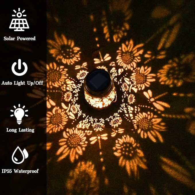 Garden Decoration Outdoor Solar Sunflower Lantern, Waterproof Dragonfly Hanging Solar Lights for Outside, Birthday Gifts for Women, Patio, Yard, Balcony, Deck Decoration,Holiday Gift