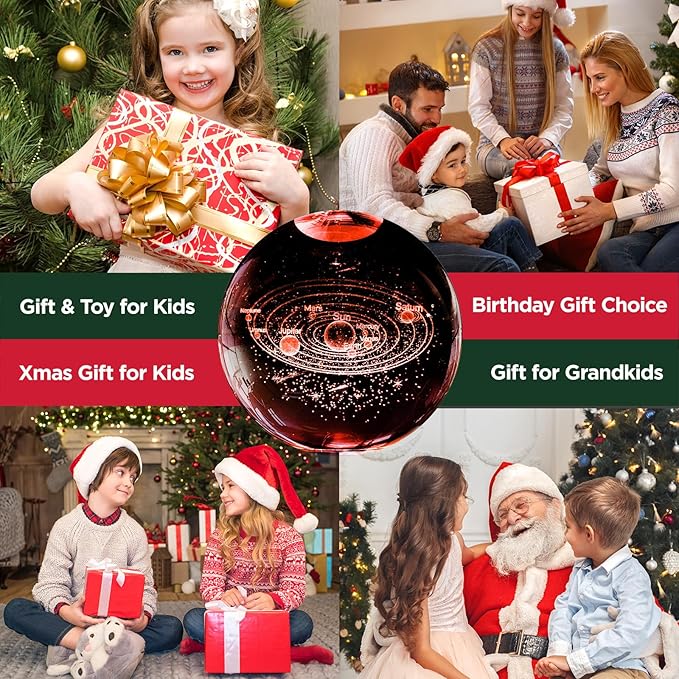 3D Solar System Crystal Ball Night Light with 16 Color Wooden LED Base Upgraded 3.15 In Galaxy Planets Ball Lamp with Remote for Birthday Christmas, Astronomy Space Gifts for Boys Girls Kids