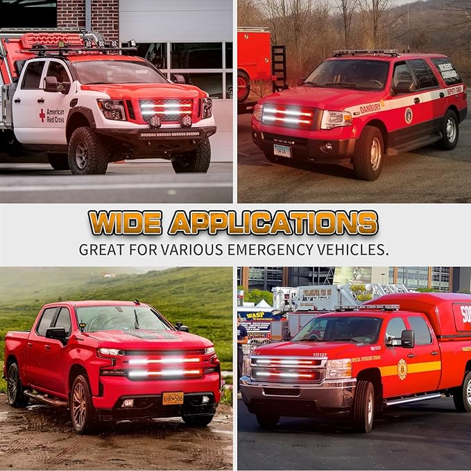 XRIDONSEN 2PCS 24 inch Truck Grill Emergency Lights Strip 288 LED Red White Grille Firefighter Lights Strobe Flashing Warning Safety Waterproof First Responder Lights for Vehicles Fire Trucks Pickup