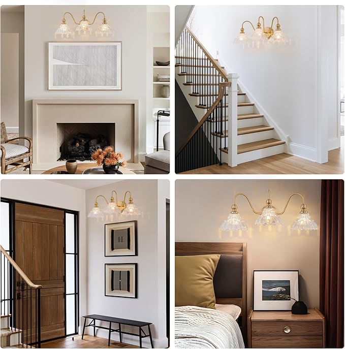 Vintage Bathroom Light Fixtures Over Mirror, 3-Light Brass Wall Sconce Lighting with Flower Glass Shade, Farmhouse Vanity Lights for Bedroom Kitchen Living Room Hallway Light