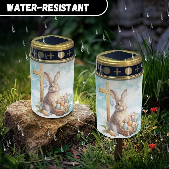 Rabbitl Cross Solar Grave Lights for Cemetery Flameless Solar Powered Light for Prayer Waterproof Cemetery Solar Lights for Grave Easter Decor Candle Lamp