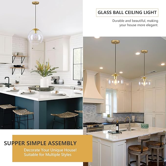 KoKo&Yukina 10" Globe Pendant Light Gold Mid Century Pendant Glass Globe Light Fixture Mid Century Modern Light Fixture Brushed Brass Finished with Clear Glass Lampshade for Dining Room Bedroom