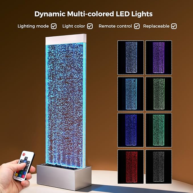 Bubble Wall Waterfall Fountain, Acrylic Indoor Floor Standing Water Wall with Changing LED Color Lights Remote Control, 64" x 19", Housewarming, Christmas Home Decor (Bubble Wall)