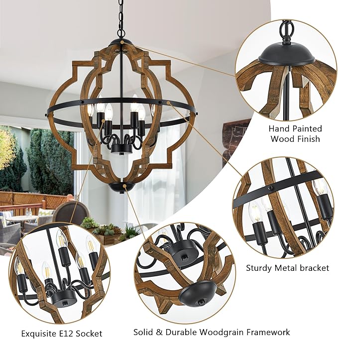6-Light Farmhouse Wood Pendant Light,22.83'' Vintage Rustic Brown Oak Wood Chandeliers,Retro Industrial Hanging Light Fixtures for Dining Room Entryway, Bedroom