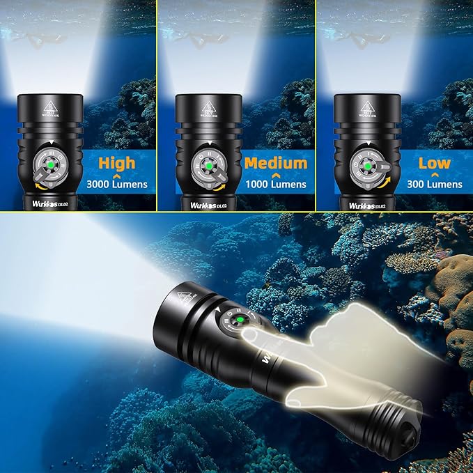 Wurkkos DL02 Scuba Diving Light,3000 Lumens 6500K Dive Light with Rotary Magnetic Switch,IPX8 Waterproof 496M Long Throw 100M Underwater 3 Lighting Modes Submersible Flashlight for Night Diving