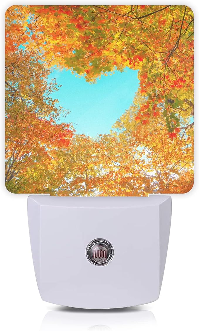 Blue Heart Sky Night Light,Autumn Red Maple Leaves Forest Trees Plug-in Night Lights with Dusk-to-Dawn Sensor for Stairway/Hallway/Bedroom Sleep Friendly Ideal for Women/Girls/Boys Gift,0.5W