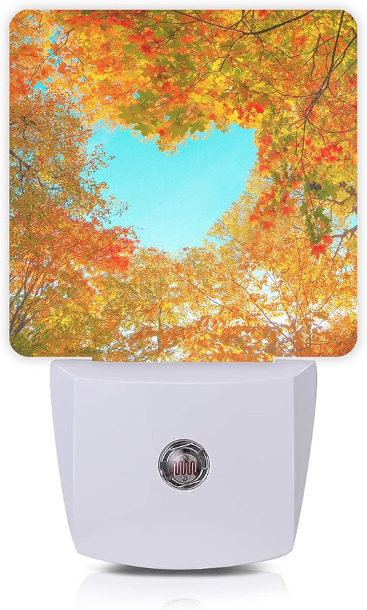 Blue Heart Sky Night Light,Autumn Red Maple Leaves Forest Trees Plug-in Night Lights with Dusk-to-Dawn Sensor for Stairway/Hallway/Bedroom Sleep Friendly Ideal for Women/Girls/Boys Gift,0.5W