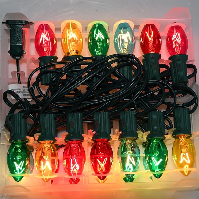 C7 Christmas Replacement Bulbs, 25 Pack Clear Multicolor Light Bulbs for E12 Candelabra Base Outdoor/Indoor String Lights, 5 Watt