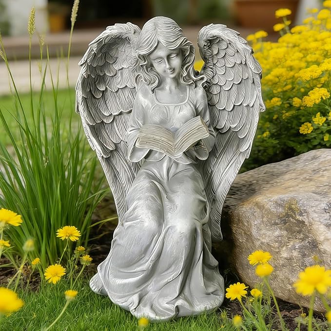 Solar Garden Outdoor Angel Statues with Book - Solar Resin Fairy Waterproof with LED Lights for Balcony Patio Lawn Table Yard Ornaments, Birthday Gifts for Women Mom Grandma