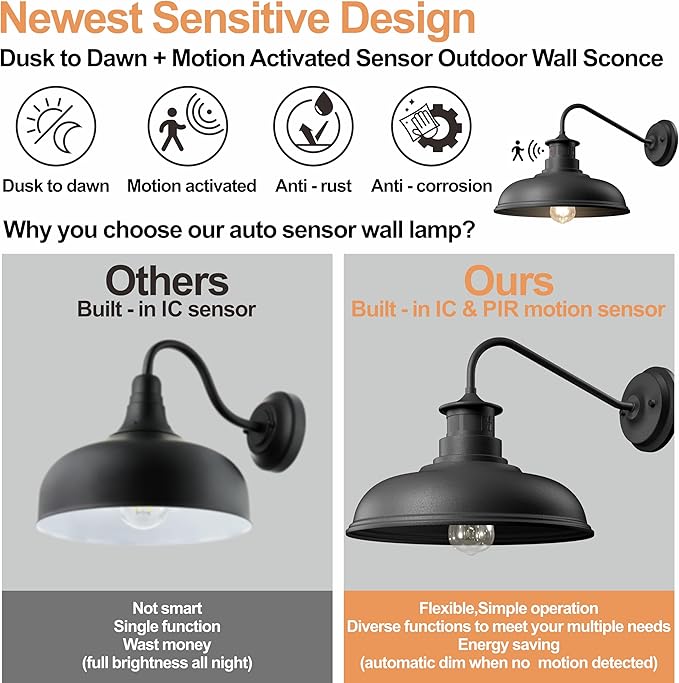 Set of 2 Gooseneck Outdoor Wall Lights Fixtures,Dusk to Dawn Motion Sensor Wall Sconce Farmhouse Barn Lamp for Patio,3 Modes Dimmable Exterior Porch Light Wall Mount Lighting with Rotary Dial Control
