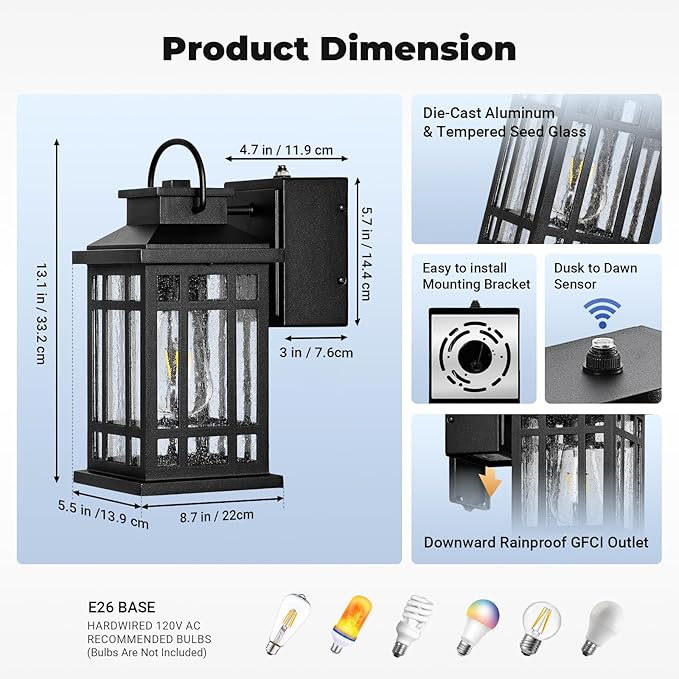 Outdoor Wall Light Fixtures with GFCI Outlet, Black 2-Pack Dusk to Dawn Outside Lighting Fixture, Waterproof Anti-Rust Exterior Lights Fixtures, Porch Light for Front Door, Garage, Backyard