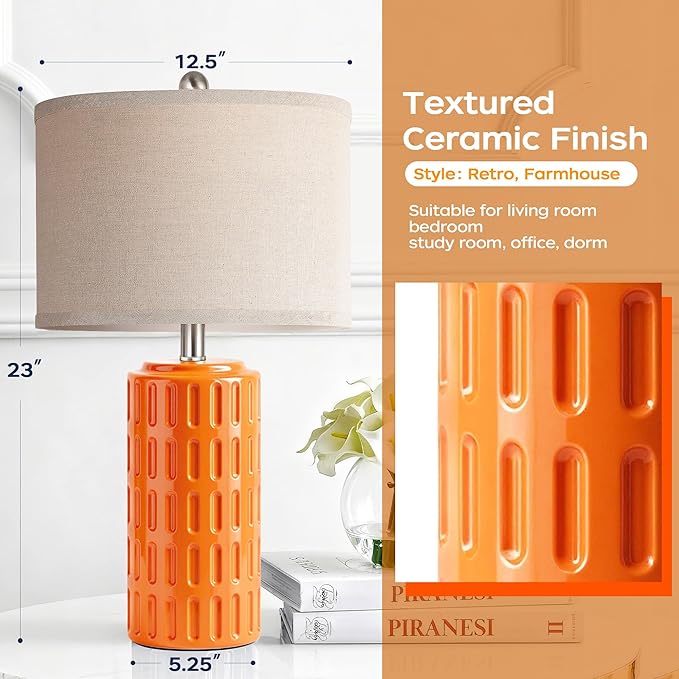 PARTPHONER 23" Farmhouse Modern Ceramic Table Lamp Set of 2 - Orange Bedside Lamps for Bedroom & Living Room, Nightstand, Desk, End Table