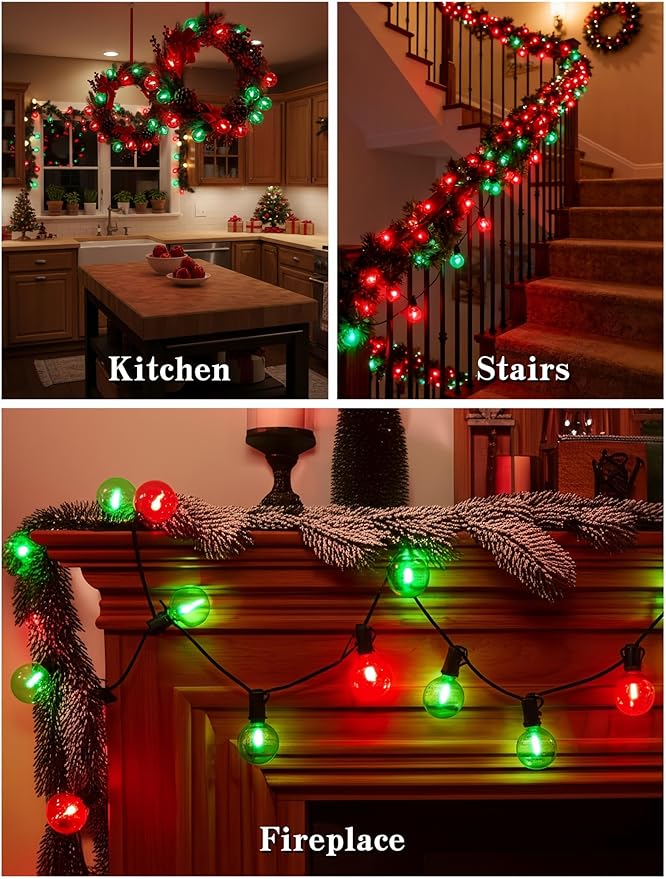 25 Pack G40 Red & Green LED Globe Replacement Bulbs, Dimmable E12 Screw Base Shatterproof Small Globe Light Bulbs for Outdoor String Lights and Indoor Outdoor Christmas String Lights & Patio Decor