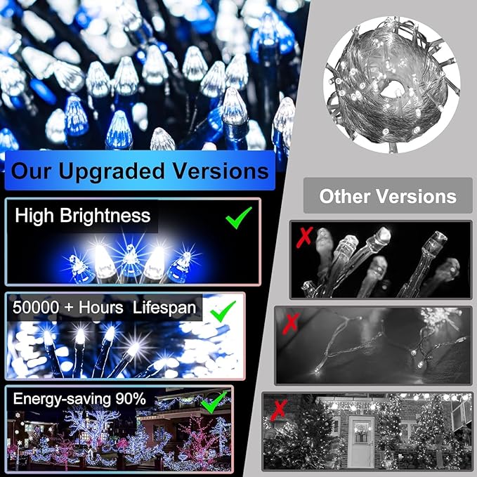 1500 LED 470FT Christmas String Lights Outdoor, 12 Pro Modes and Timer Memory & Brightness, Plug in Waterproof Dark Green Wire Twinkle Light for for Xmas Yard Tree Wedding Party Decor (Blue & White)