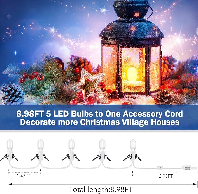 Leelosp 1 Pack Accessory Cord with 5 Milky White LED Light Bulb, 9.84 ft Christmas Village Light Cord with Fuse Wire, Blow Mold Light Kit Replacement for Christmas Village House Craft Halloween