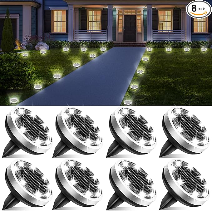 Solar Lights Outdoor Waterproof, 8 Pack 8 LED, Thickened Stainless Steel Ground Light, Solar Garden Lights Landscape Lighting for Patio Pathway Lawn Yard Deck Driveway Walkway, Cool White