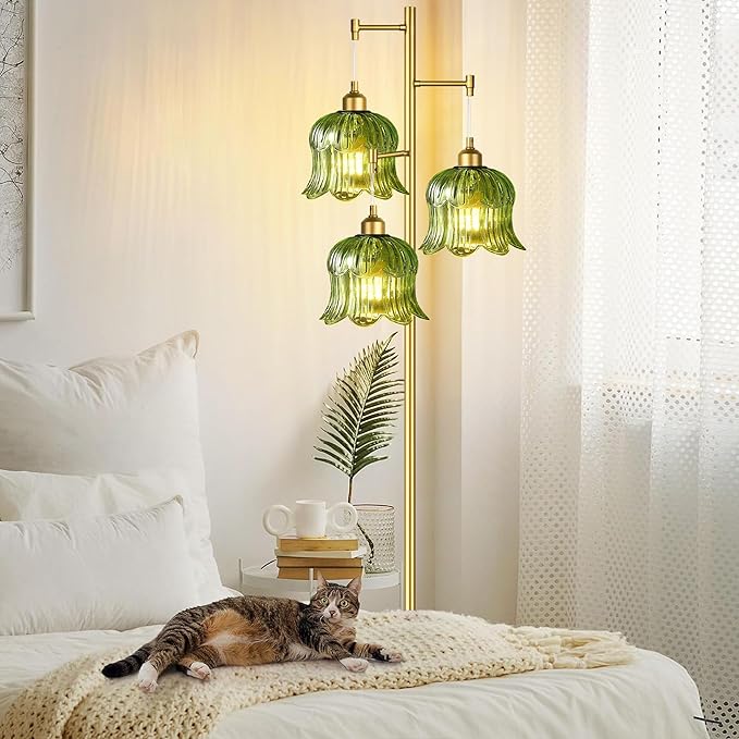 Glass Floor Lamp for Living Room,Bedroom,Mid Century Modern Standing Lamp Brass Tree 3 Light Tall Floor Lamps Vintage Retro Floor Lights Gold Green Flower Lamp Shade Farmhouse Boho Bohemian