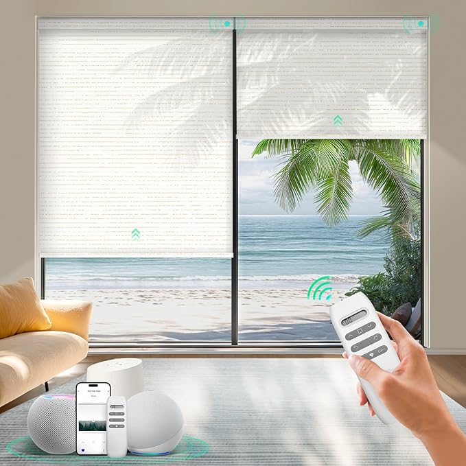 HeyBlinds Motorized Roller Shades, Smart Blinds for Windows, Remote Automatic Window Shades, Electric Shades, Light Filtering, Compatible with Alexa Google Apple Home (Sun Kissed-Creme LF)
