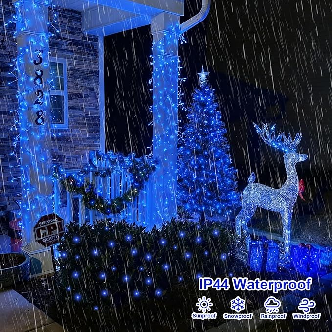 QITONG Blue String Lights Outdoor, 165ft 500 LED Christmas Light Plug-in with 8 Modes, Clear Wire Twinkle Xmas Lights Indoor