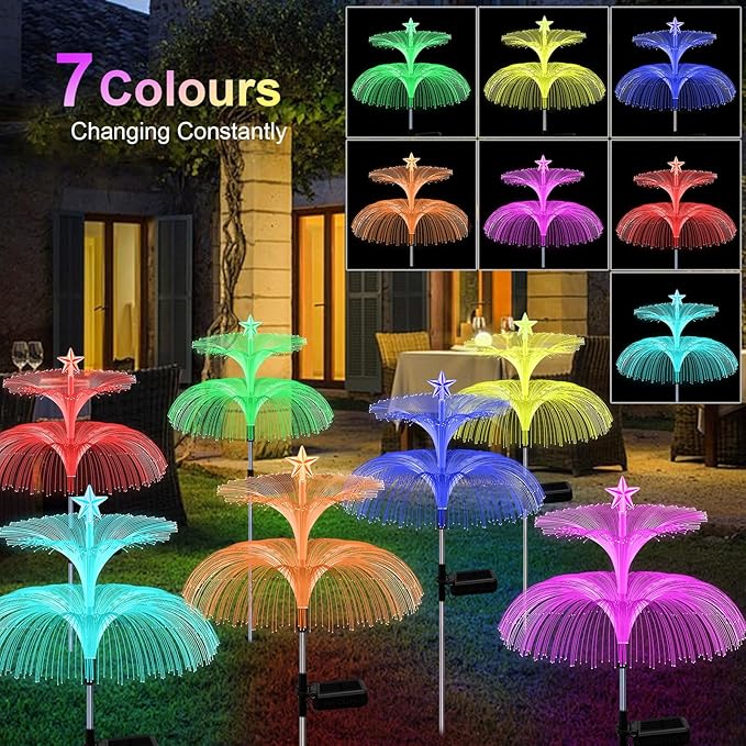 Solar Garden Lights, 4 Pack Solar Star Jellyfish Lights 7 Color Changing Fiber Optic Light Gardening Gifts for Mom Grandma Women, Flower Light for Outdoor Yard Garden Decor