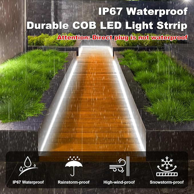 IP67 Waterproof COB LED Strip Lights AC 110V-120V Direct Plug, 66FT Super Bright Outdoor Strip Lights with Double Fuse Controller, 6500K White LED Strips for Garden Patio Commercial Decor