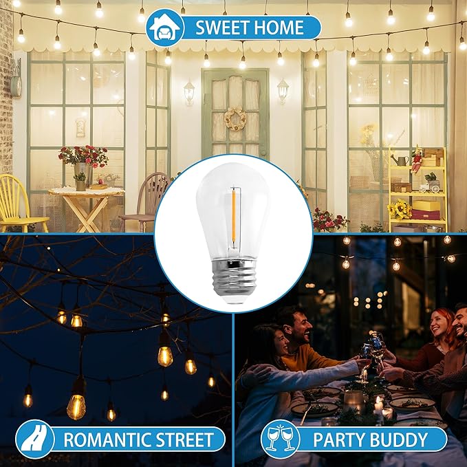 15-Pack S14 LED Replace Light Bulbs for Patio String Light Shatter-Resistant Waterproof Hanging Light Bulbs for Outdoor String Lights Base E26 (15 Per Box)