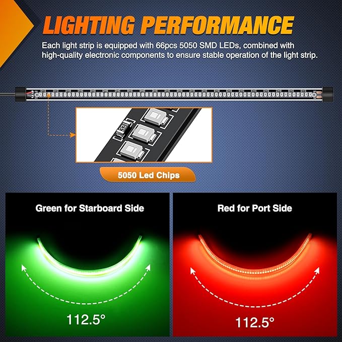 Nilight Boat Light Strip 2PCS 13Inch 66 LED Red Green Navigation Marine Bow Light 12V IP68 Waterproof for Universal Pontoon Bass Boat Jon Jetski Kayaki