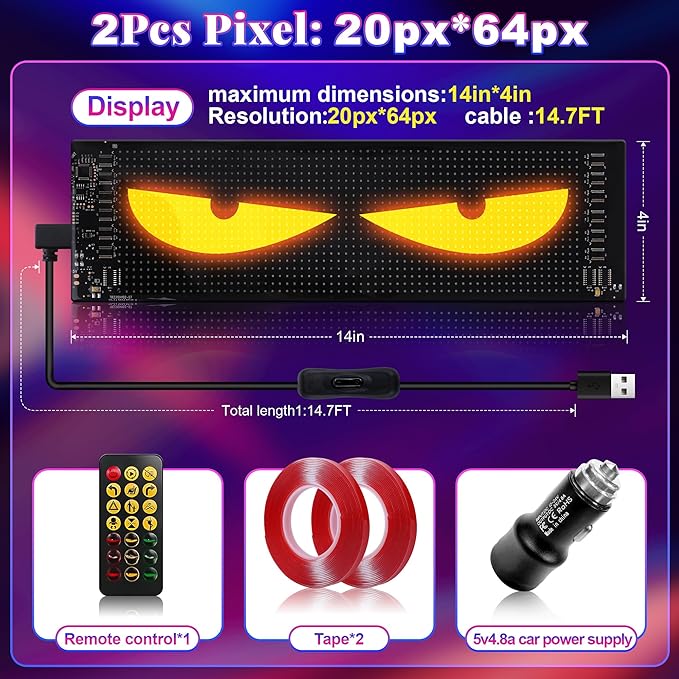 Devil Eyes Light Next-Gen 5800 Lux LEDs - CRILEAL Ultra-Bright Sync LED Display (14"x4.3") – APP/Remote Programmable for Scrolling Text & Animation – for Cars, Stores – USB Powered（2pcs）