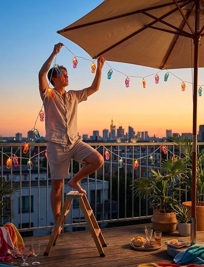 Multicolor Beach Flip Flop String Lights, 8.5Ft Beach Themed Outdoor Party Lights with 10 Multicolor Slipper Lights, Summer Ocean Decorations String Lights for Bedroom Camping Decks Party Lighting
