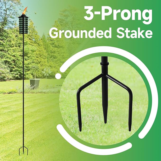 6 Pack Home Garden Torch, 16 Oz Outdoor Green Metal Torch Garden Décor,59-Inch Upgraded Citronella Torches with 3-Prong Grounded Stake, Metal Light Torches for Party Patio Pathway