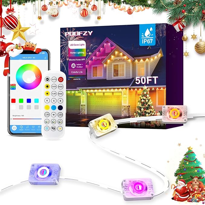 POOFZY Permanent Outdoor Lights for House,49ft RGB+IC Smart Outdoor Decor, 50 Scene Modes,App/Remote Control,IP67 Waterproof,for Christmas,Easter,Daily & Holiday Party Decor,House Roof Lighting
