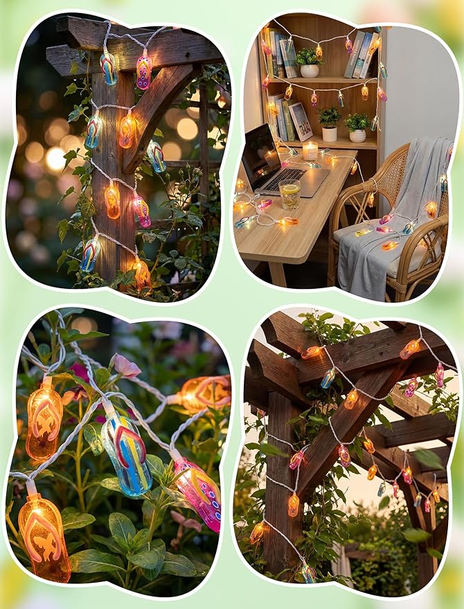 Tropical Beach Flip Flop String Lights, 8.5FT 10 LED Colorful Slipper String Lights Plug in, Hawaiian Summer Beach Themed Decorative Lights for Patio Bedroom Party Luau Pool Birthday Home Window Decor