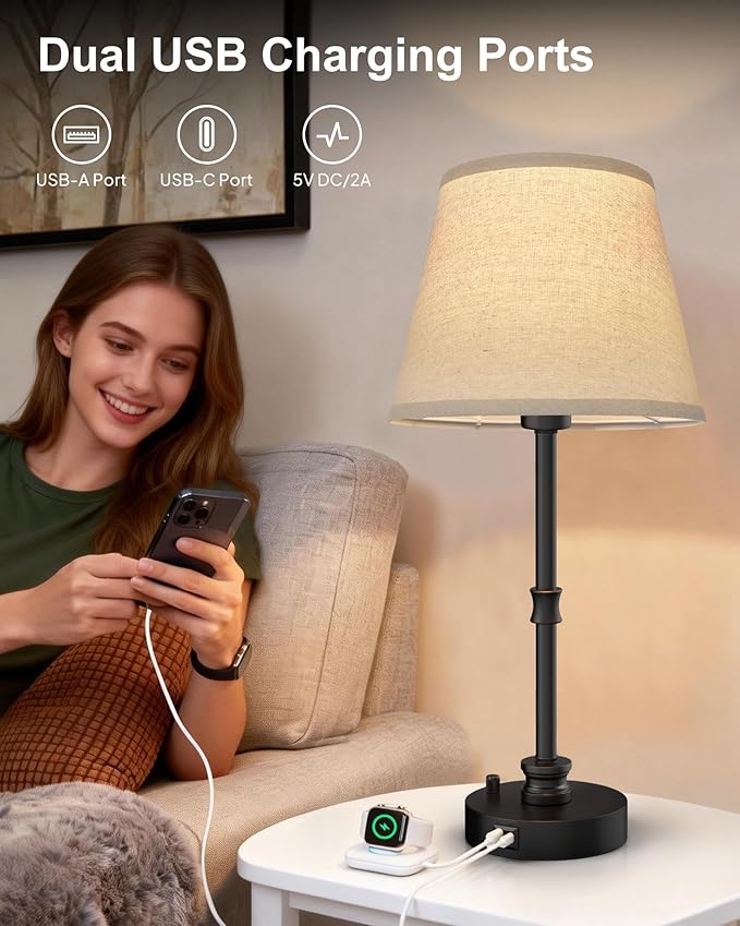 Set of 2 Farmhouse Table Lamps with Linen Shades, 23.8" Bedside Lamps with USB A+C Charging Ports & Plug-in, 3-Way Rotary Dimming Nightstand Lights for Bedroom Living Room, Rustic Reading Pair