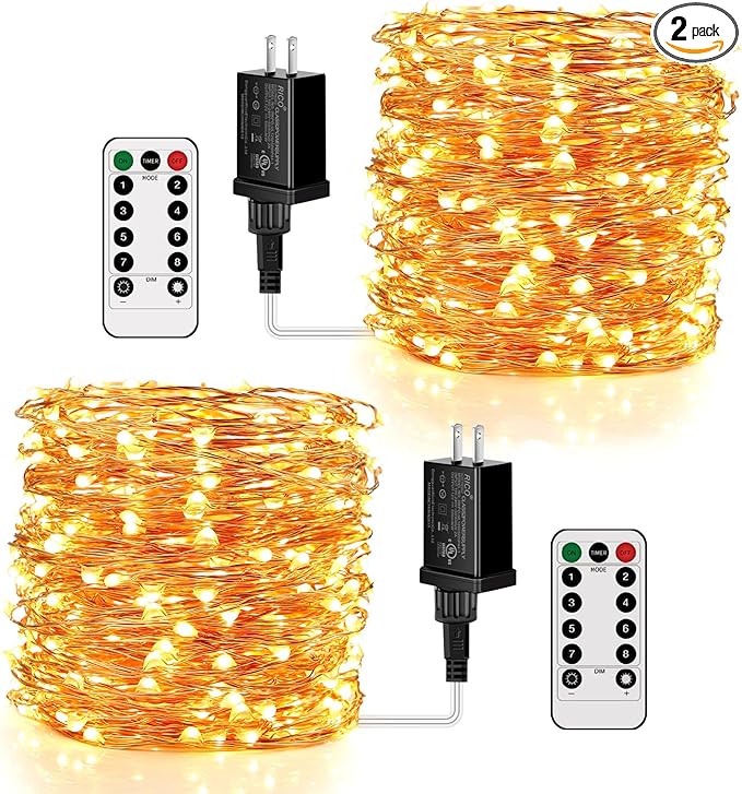 Moobibear LED String Lights 99ft 300 LEDs 2 Packs Fairy Lights, Dimmable Outdoor/Indoor Starry String Lights, Warm White Copper Lights with Remote for Garden Room Patio Party Decor
