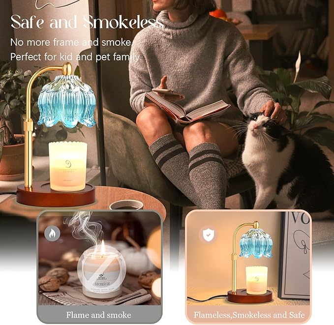 Adjustable Flower Candle Warmer Lamp with Timer, Lotus Tulip Glass Warmer Light for Jar Candles, Electric Wax Warming Melter, Gifts for Women Mom, Vintage Bedroom Decor (Blue)