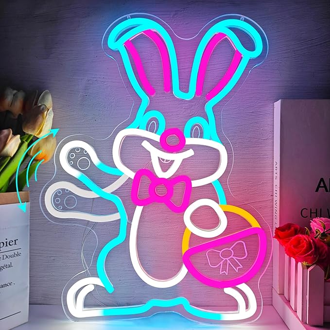 Easter Neon Sign Waving Bunny Neon Light Dimmable Spring Rabbit with Egg Basket Led Sign Easter Light Up Window Decorations Happy Easter Sign for Home