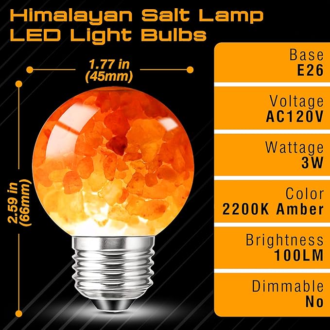 E26 Himalayan Salt Lamp Light Bulbs 3W, 2200K Warm Amber Night Light Bulbs 100lm, E26 G45 Pink Salt Rock Lamp Bulb for Bedroom Sleep, Stress Relief, Ambient Mood Lighting, Decor, Non-Dimmable, 4 Pack